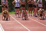 Rachel on the blocks for the start of the 100 metres