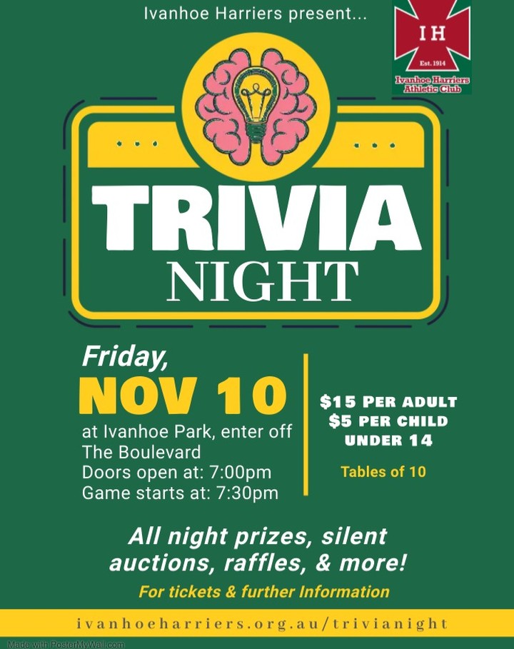 Ivanhoe Harriers 2023 Trivia Night flyer